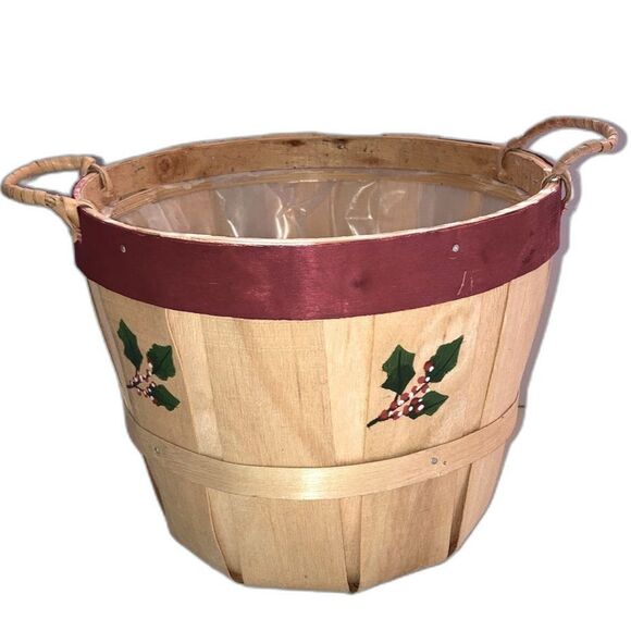 BUSHEL BASKET Small Apple Basket with Handles Holiday Holly - Picture 4 of 9